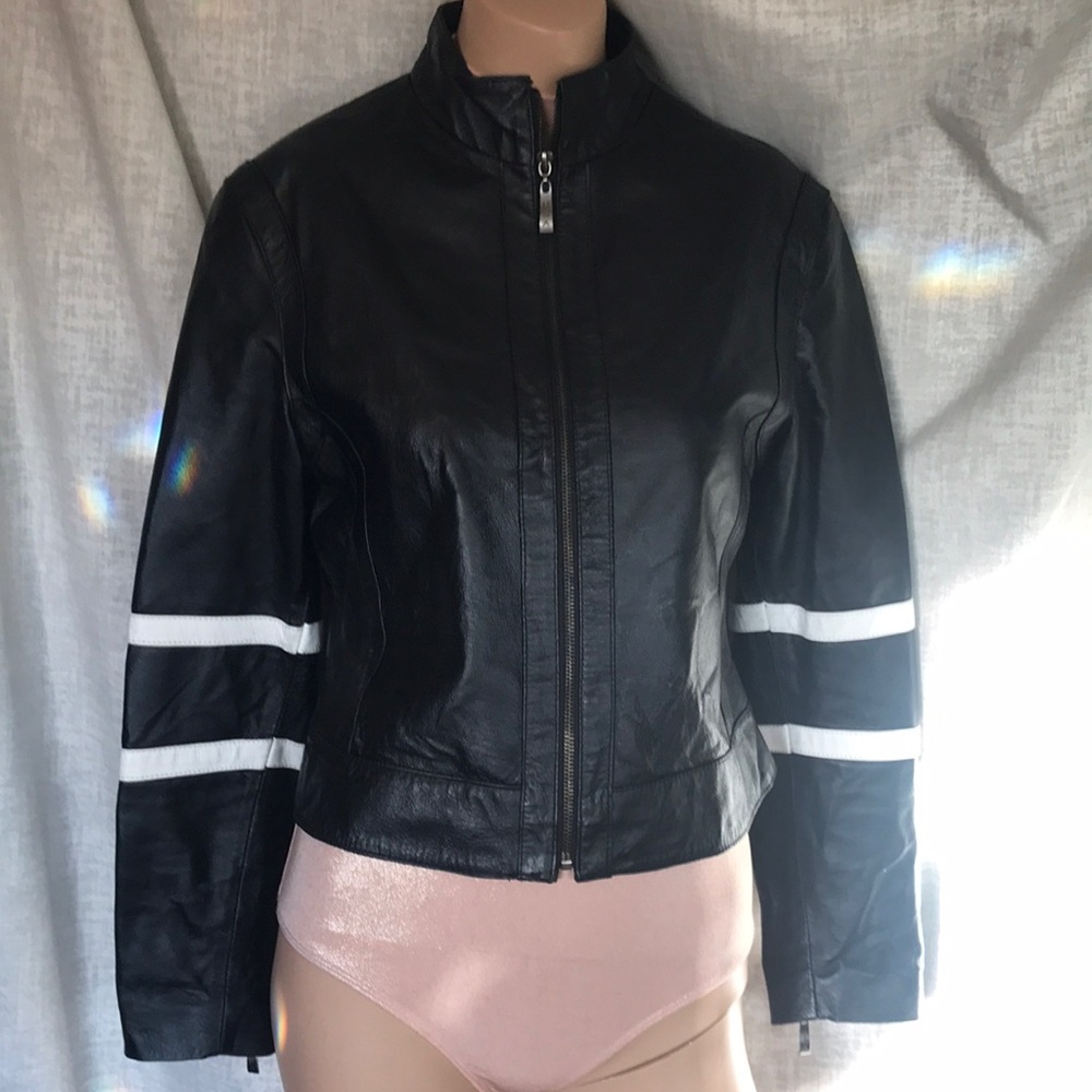 Vintage, classic, Leather U.S.A., fitted jacket, black with white racing bands.